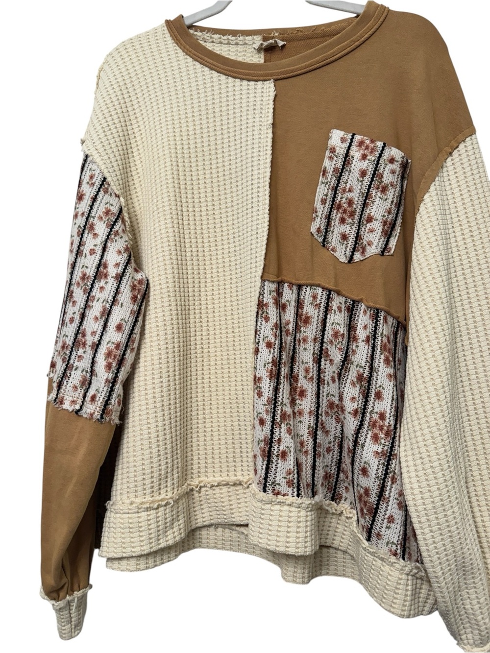POL Patchwork Waffle Knit Boho Top Brown Cream Floral Large - Picture 3 of 5